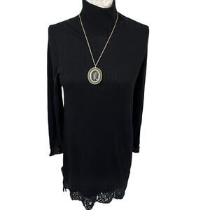 Jore Black Cashmere Blend Sweater Dress Lace Trim Mock Neck Womens M